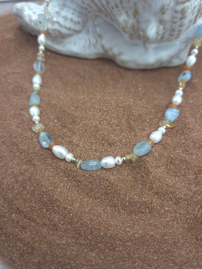 Collier perle , aigue marine et citrine