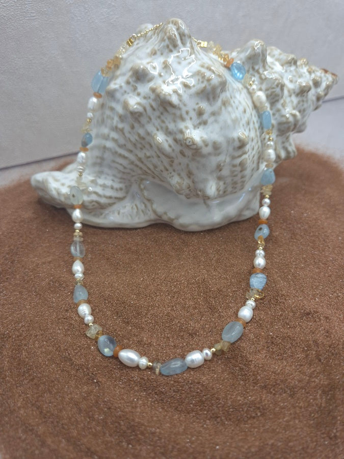 Collier perle , aigue marine et citrine