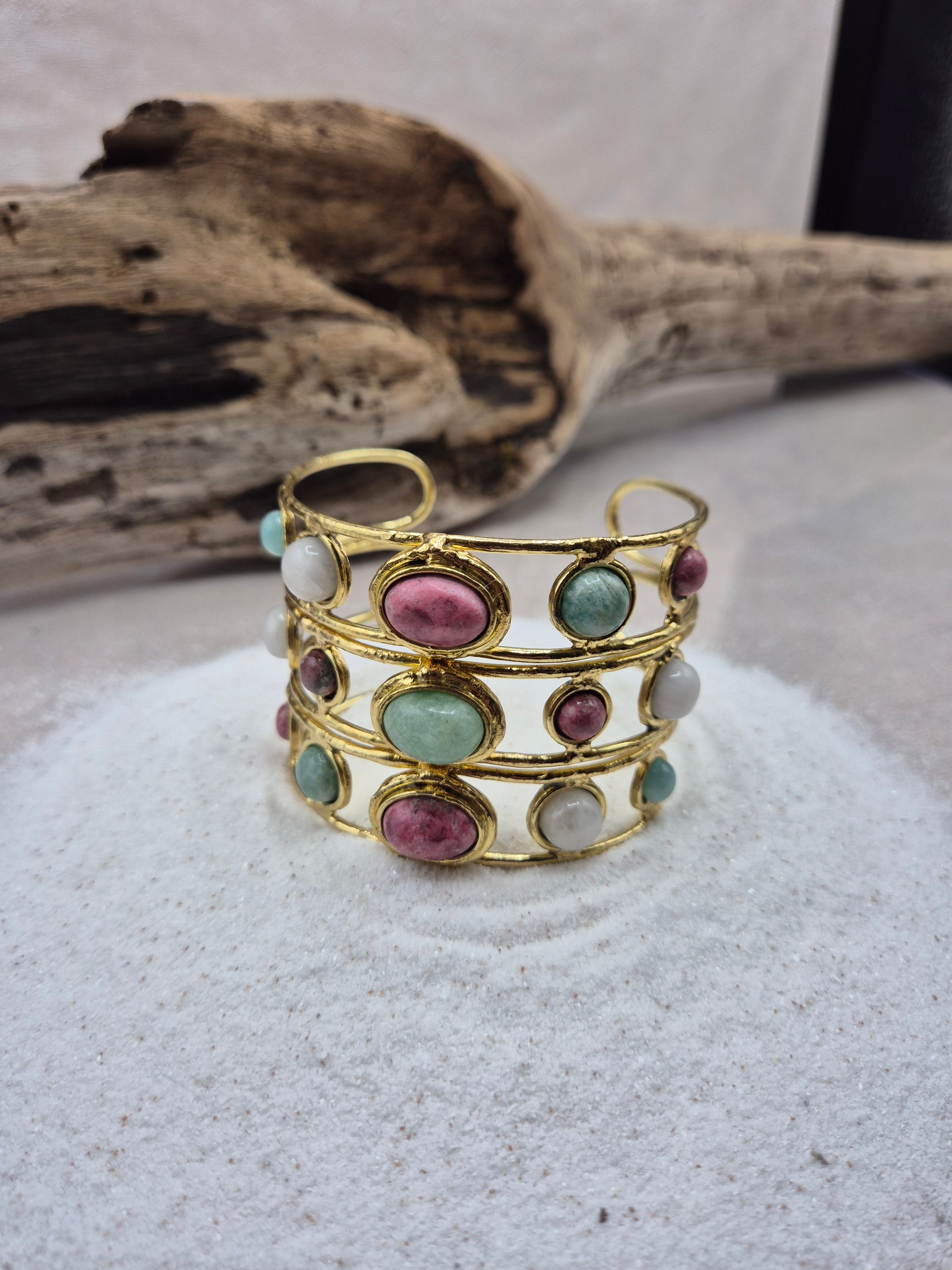 Manchette dorée en thulite  pierre de lune et amazonite