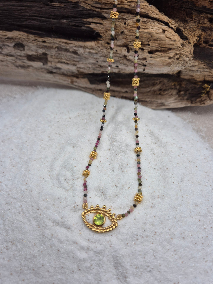 Collier oeil doré en tourmaline multicolore et péridot