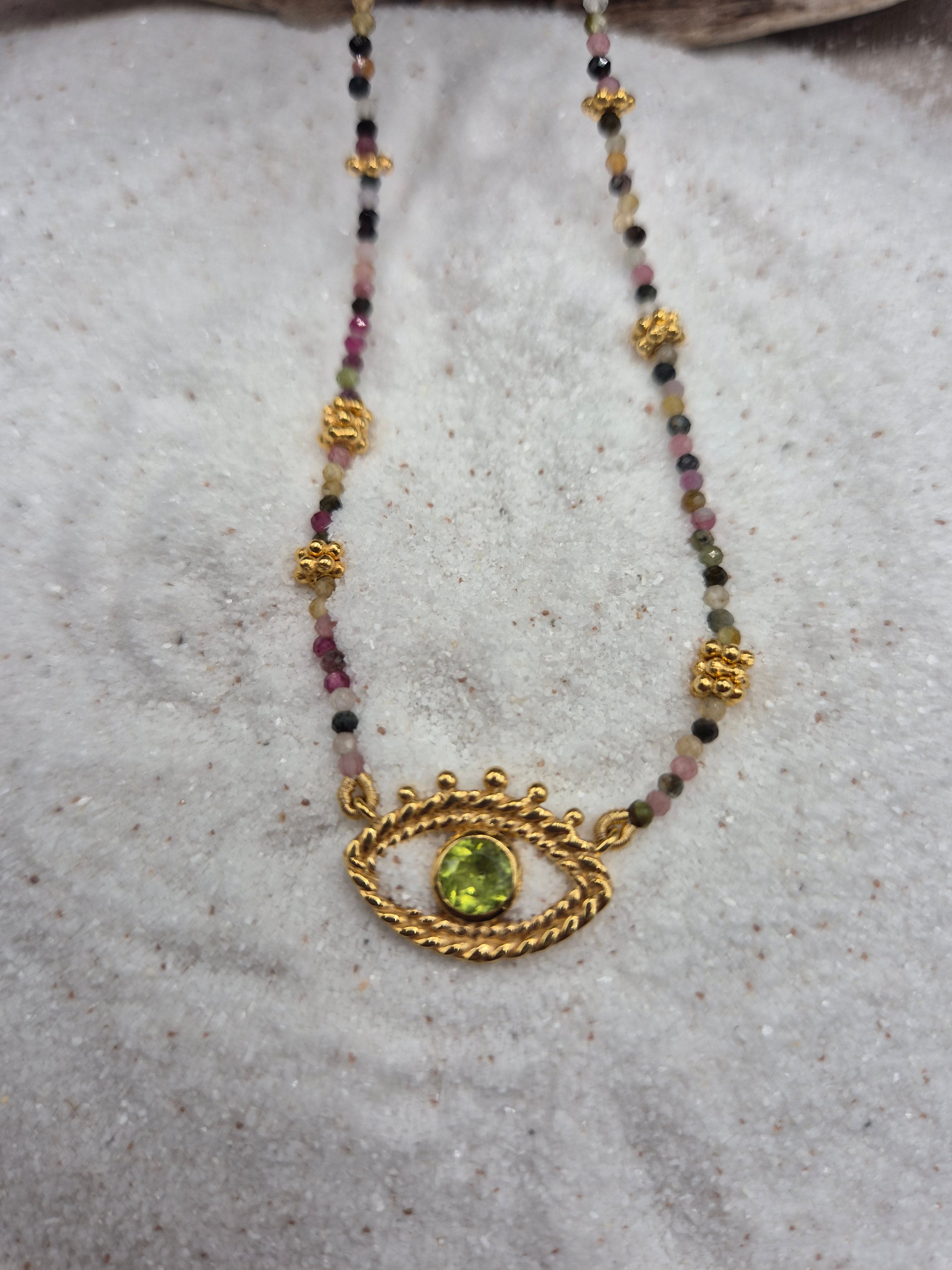 Collier oeil doré en tourmaline multicolore et péridot